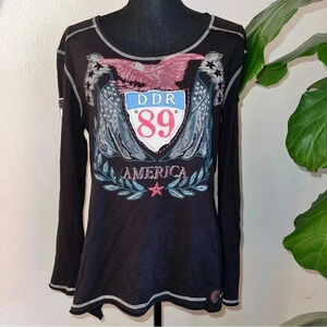 Double D Ranch Women’s United We Stand Black Patriotic Flag Eagle Top Me…